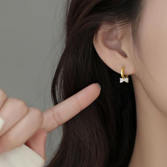 18K Gold Over Sterling Silver Bow Hoop Huggie Earrings Coquette Elegant & Dainty - Picture 3 of 4